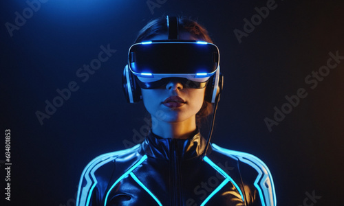 Futuristic Immersion: Woman Experiencing Virtual Reality with High-Tech VR Headset