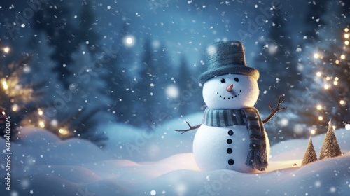  a snowman with a hat and scarf standing in the snow with a christmas tree and lights in the background.