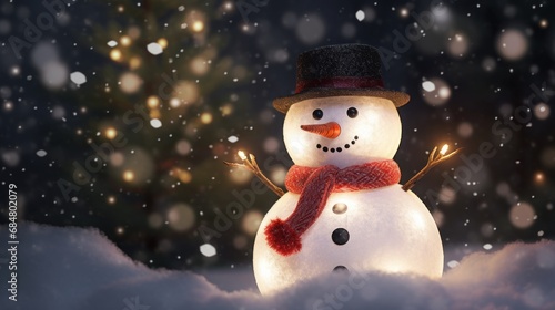  a snowman with a red scarf and a black hat is standing in the snow with a christmas tree in the background. © Anna
