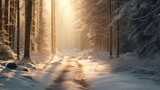  the sun shines through the trees on a snowy path through a forest with snow on the ground and trees on either side of the path.