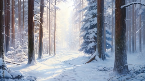  a painting of snow covered trees and a path in the middle of a snowy forest with footprints in the snow.