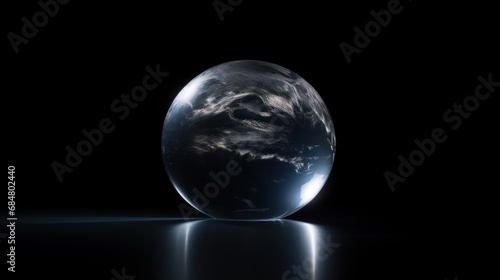  a black and white photo of the earth as seen from space, with a reflection of the earth in the glass.