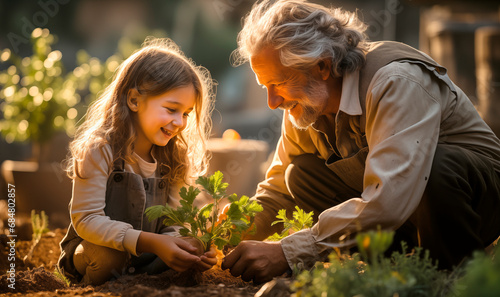 A granddaughter and grandfather, an elderly man and a girl are planting plants in a garden bed while talking about ecology and the planet and the importance of natural products and the culture of peop © Ki