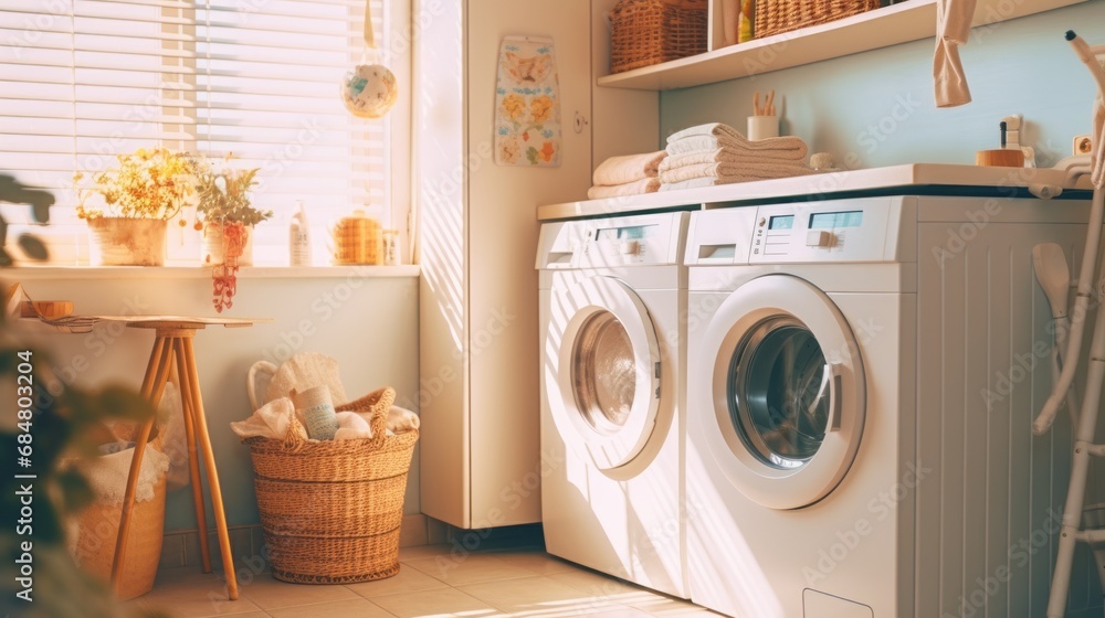 Washing machines in a clean organized neat utility laundry room - obrazy, fototapety, plakaty 