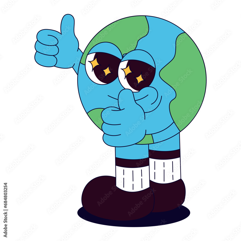 Obraz premium Funky retro groovy planet earth character. Back to school. Children's stationery subjects. Funny study school supplies. Nostalgia 60s, 70s, 80s. Vector for poster, banner, website