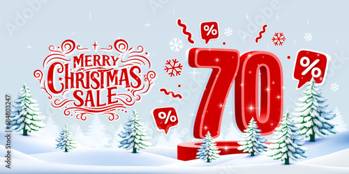 Merry Christmas, 70 percent Off discount. Sale banner and poster. Vector illustration.