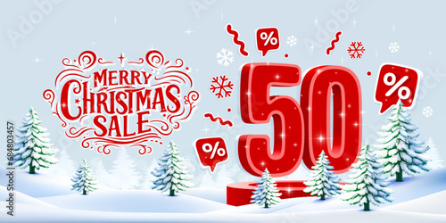 Merry Christmas, 50 percent Off discount. Sale banner and poster. Vector illustration.