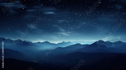  a view of a mountain range at night with the stars in the sky and the moon in the sky above.