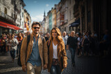 Tourist couple walking through a city. Generative ai image.