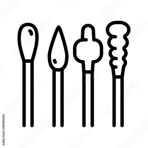 Different swabs, ear stick in line style, isolated on white background. Medical tools, hygiene objects. Cotton swab, clean, medical, tool, stick free vector icos set.