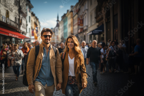 Tourist couple walking through a city. Generative ai image. © jroballo