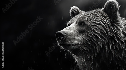  a black and white photo of a bear's face with drops of water on it's fur on a dark background.