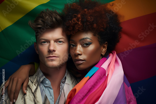 Couple of fit people belonging to LGBT+ community posing with rainbow flag. Fit brunette male and beautiful black woman with make up hug each other
