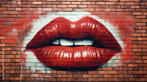 Lips painted on a brick wall as a symbol of love. Graffiti. Street Art Concept.