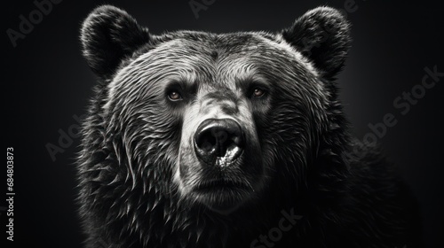  a black and white photo of a bear's face with its mouth open and it's tongue out.