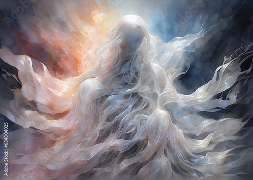 A mesmerizingly ethereal apparition, a digital specter materializes with a luminous glow on a watercolor canvas. The image depicts a stunningly detailed painting, showcasing an otherworldly ghost photo
