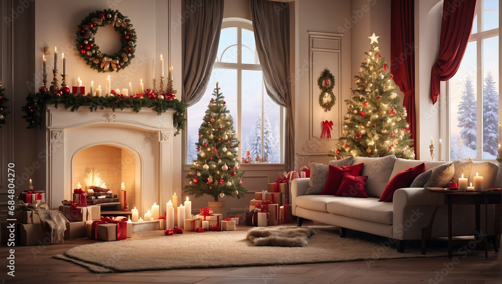 living room decorated with a Christmas tree, stockings, and other Christmas ornaments.