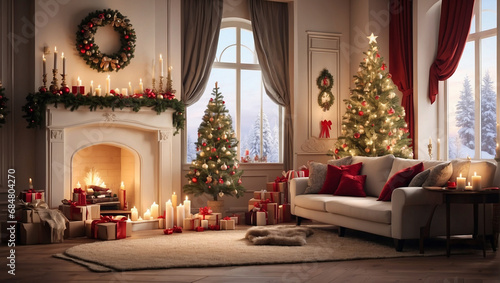 living room decorated with a Christmas tree, stockings, and other Christmas ornaments. © AI_ID