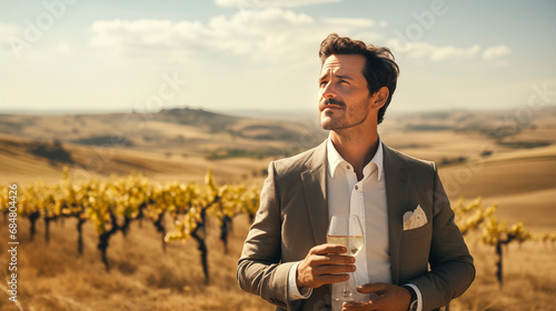 a young man with a glass of wine tests the wine, probably being in the vineyards of Regioga Tuscany in Italy with a view of the hills and authentic locations photo