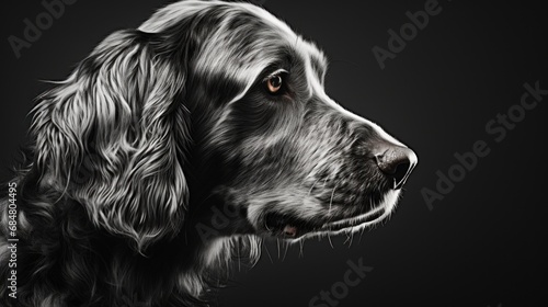  a close up of a dog's face on a black background with a black background and a white border.