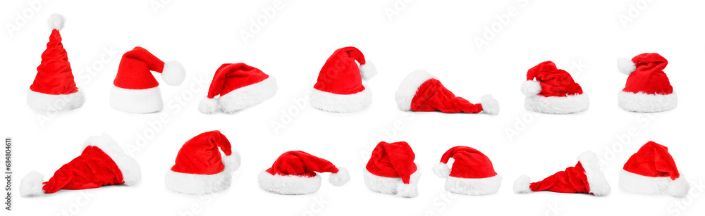 Set of many Santa hats isolated on white Set of many Santa hats isolated on white