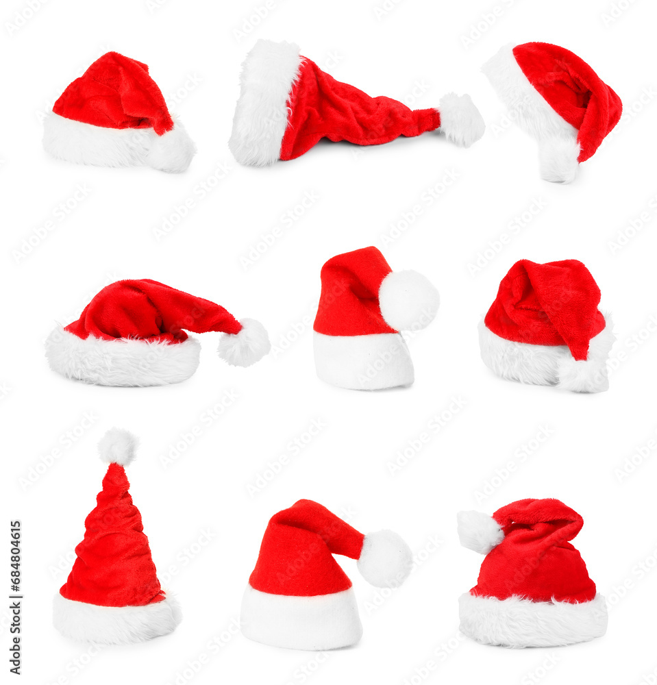 Set of many Santa hats isolated on white Set of many Santa hats isolated on white