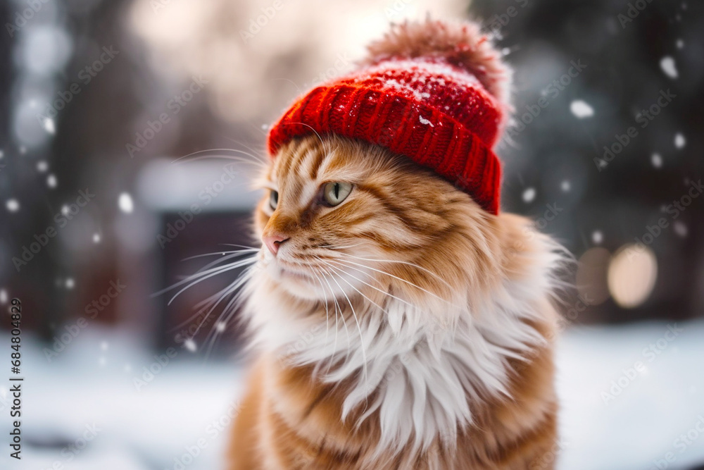 Cute cat wearing a red christmas hat outside in a snowy, winter background