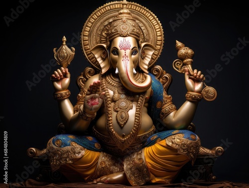 Lord Ganesha hindu god sitting on lotus sit, ganpati god image with dark background © SaroStock
