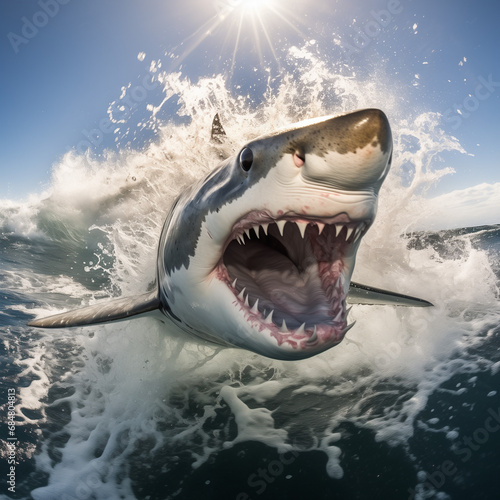 A Photorealistic Shot of a shark with an open jaw  Viewed from a Ship on a Sunny Day - A Spectacular Display of Marine Elegance and Natural Beauty.