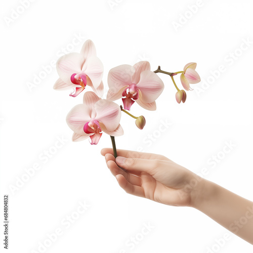 Female hand holding a orchid on white background, Generative AI
