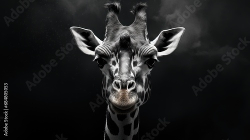  a black and white photo of a giraffe's face with a cloud of smoke in the background. © Anna