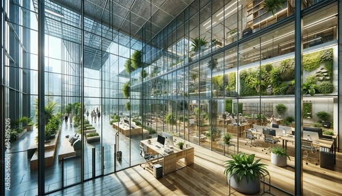 Photo Trees and green environment in eco-friendly glass office: Sustainable building