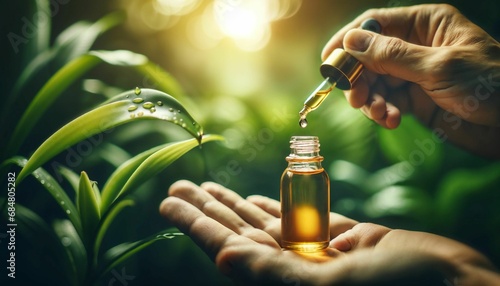Cannabis oil droplet in hand with marijuana buds - CBD hemp oil, alternative medicine