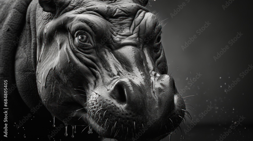 a black and white photo of a hippopotamus looking at the camera with water droplets on its face. a black and white photo of a hippopotamus looking at the camera with water droplets on its face.