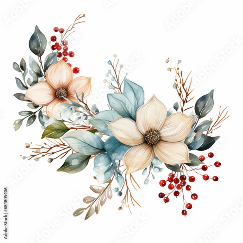 Christmas Watercolor Floral Wreath with foliage  flowers and berries
