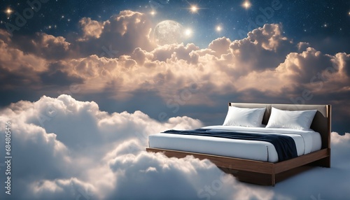 Bed stand in blue fluffy cloud - symbolic for good sleep, sky setting photo