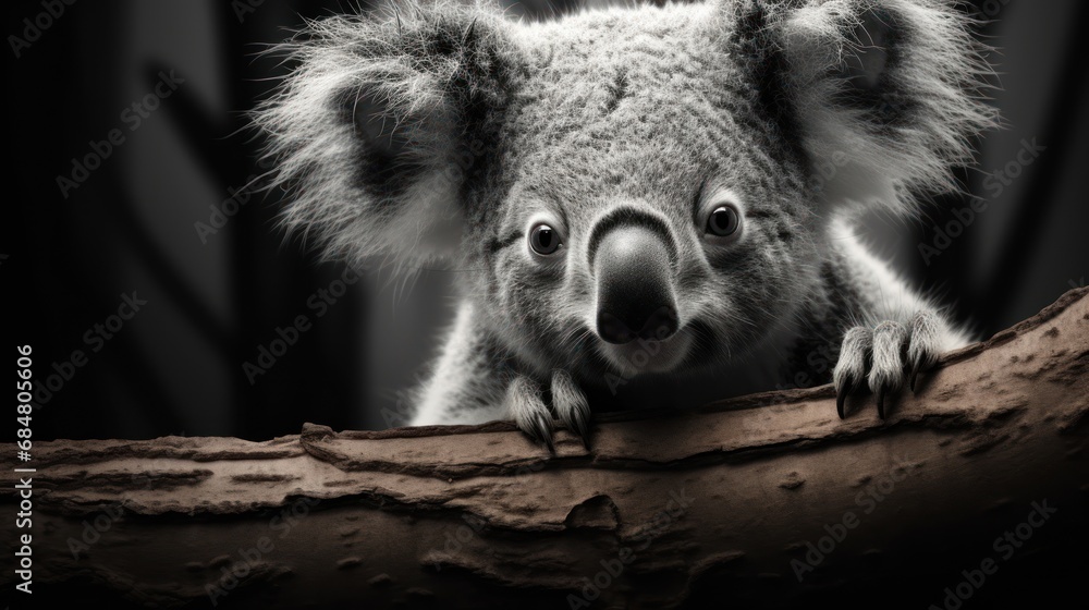 Obraz premium a black and white photo of a koala bear on a tree branch with its head hanging over a branch.