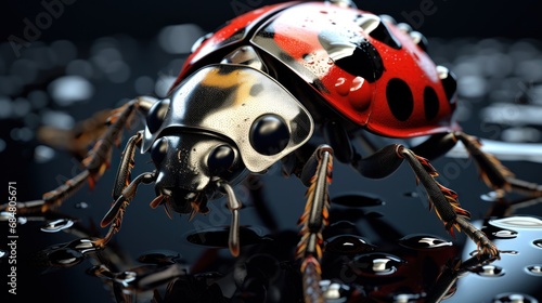  a close up of a ladybug on a black surface with drops of water on the bottom of it.