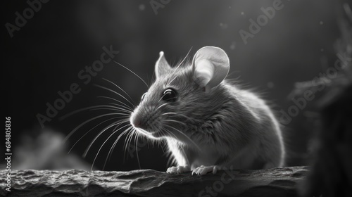  a black and white photo of a mouse sitting on a rock and staring off into the distance with a dark background. © Anna