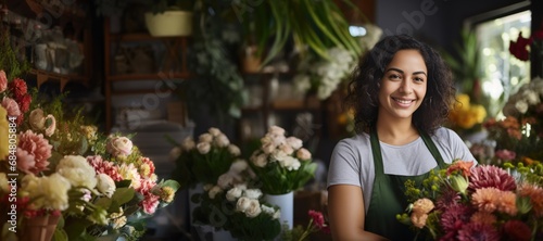 Smiling attractive hispanic female Small business owner in her florist shop photo
