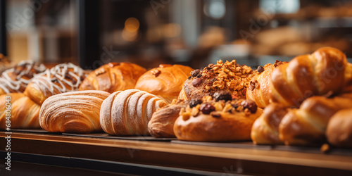 Sweet and cute whole cakes are lined up in a display case full of different types of baked goods. The event concept is suitable for birthdays and Christmas. ai generative