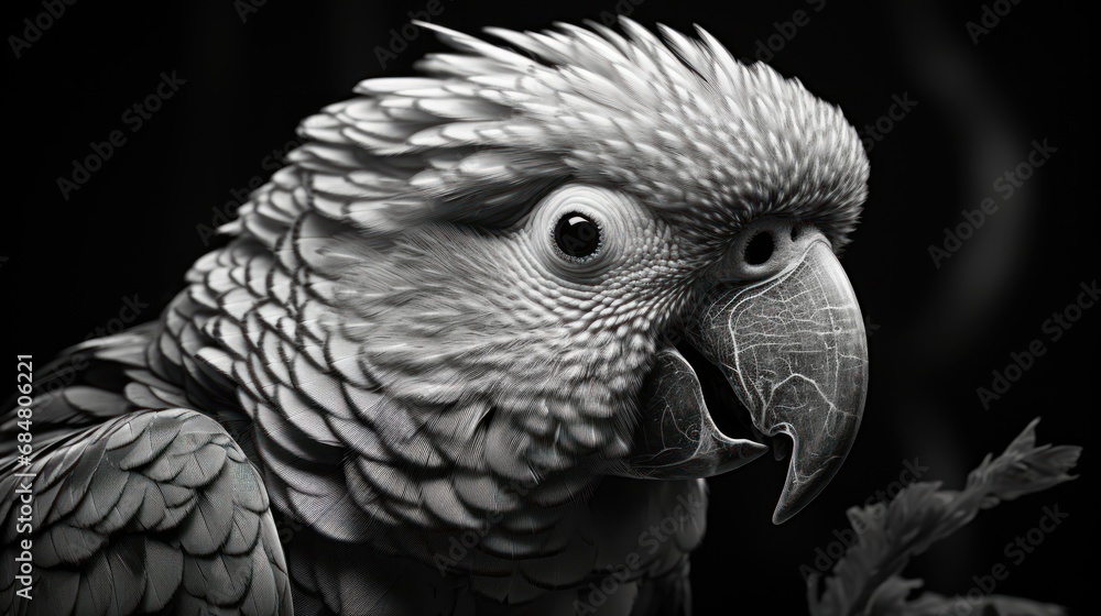 Obraz premium a black and white photo of a parrot with its mouth open and a leaf in front of it's face.