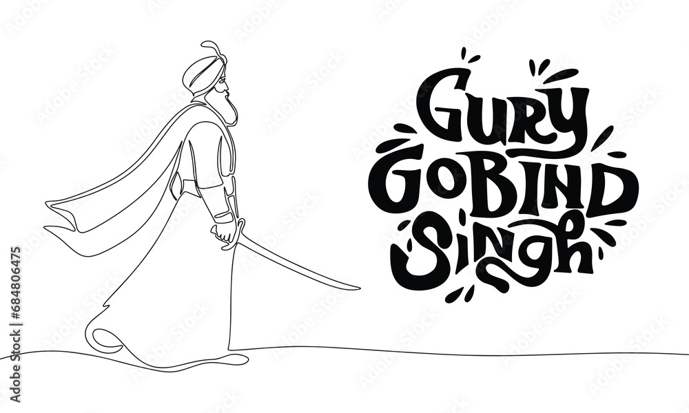 Guru Gobind Singh banner with one line continuous Guru Gobind Singh. Line art Guru Gobind Singh with handwriting inscription Guru Gobind Singh. Hand drawn vector art. - obrazy, fototapety, plakaty 