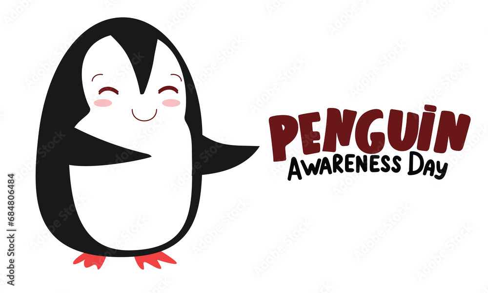 Fototapeta premium Penguin Awareness Day banner. Cute penguin isolated on white background. Handwriting text Penguin Awareness Day. Hand drawn vector art.
