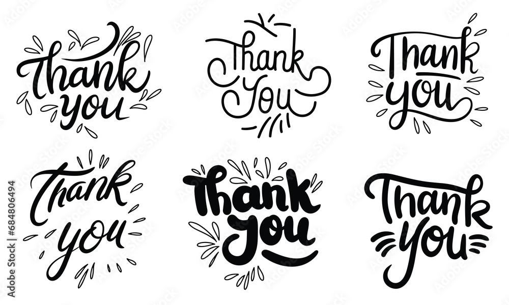 Collection of Thank you lettering inscription. Set of handwriting thank you text in black color. Hand drawn vector art. 