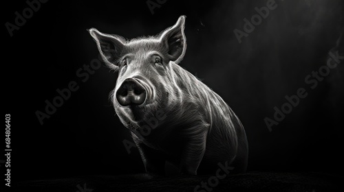  a black and white photo of a pig's face with smoke coming out of the back of its mouth.