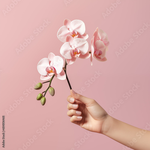Female hand holding a orchid on pink background, Generative AI