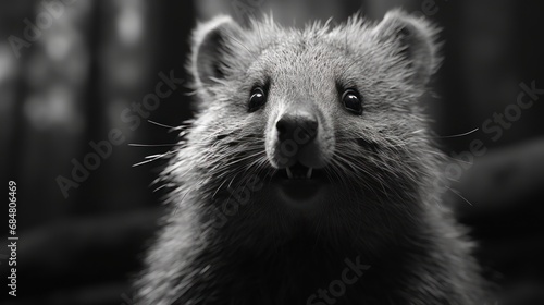 a black and white photo of a raccoon looking at the camera with it's mouth wide open. © Anna