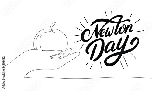 Newton Day banner with one line continuous apple on hand. Line art apple on hand with handwriting inscription Newton Day. Hand drawn vector art.