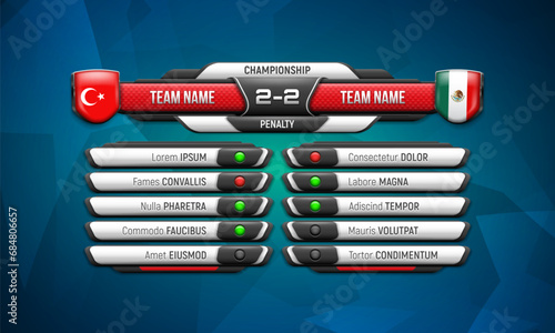 Sport scoreboard with player list and penalty result. Vector template for your design.